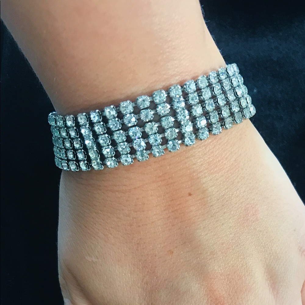 VINTAGE 5-Row Rhinestone & Silver Bracelet